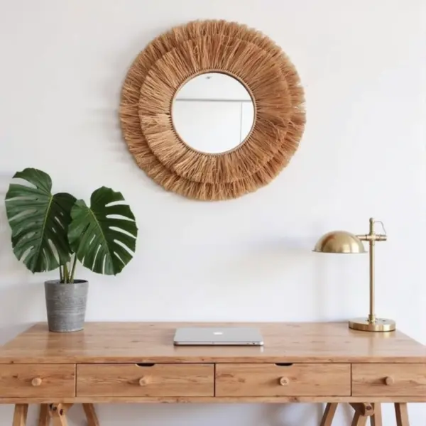 Round-Farmhouse-Mirror-With-Straw-4.webp Round Farmhouse Straw Mirror – Handwoven Raffia Wall Decor (Small, Medium)