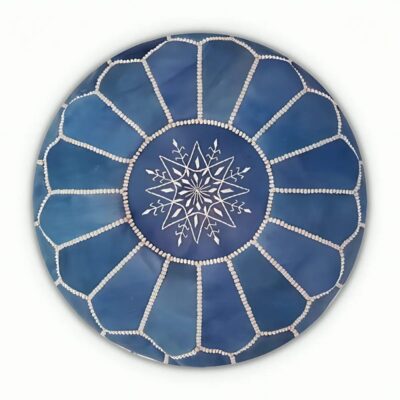Round-Moroccan-Leather-Pouf-Blue-1.jpg Denim Blue Leather Pouf – Handcrafted Moroccan Ottoman with Sunburst Stitching