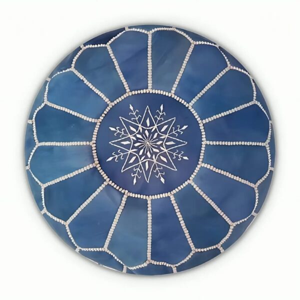 Round-Moroccan-Leather-Pouf-Blue-1.jpg Denim Blue Leather Pouf – Handcrafted Moroccan Ottoman with Sunburst Stitching