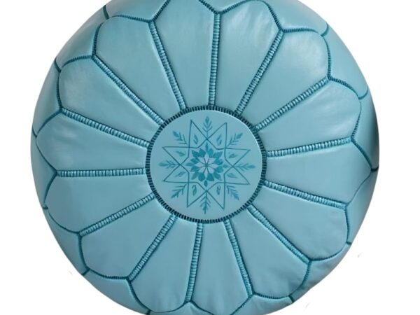 Round-Moroccan-Leather-Pouf-Blue-Sky-2.jpg Sky Blue Leather Pouf Ottoman – Handcrafted Moroccan Round Pouf (21″ × 12″)