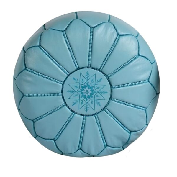 Round-Moroccan-Leather-Pouf-Blue-Sky-2.jpg Sky Blue Leather Pouf Ottoman – Handcrafted Moroccan Round Pouf (21″ × 12″)