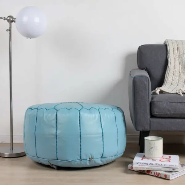 Round-Moroccan-Leather-Pouf-Blue-Sky-4.webp Sky Blue Leather Pouf Ottoman – Handcrafted Moroccan Round Pouf (21″ × 12″)