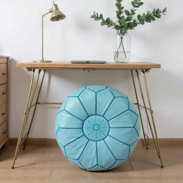 Round-Moroccan-Leather-Pouf-Blue-Sky-5.webp Sky Blue Leather Pouf Ottoman – Handcrafted Moroccan Round Pouf (21″ × 12″)