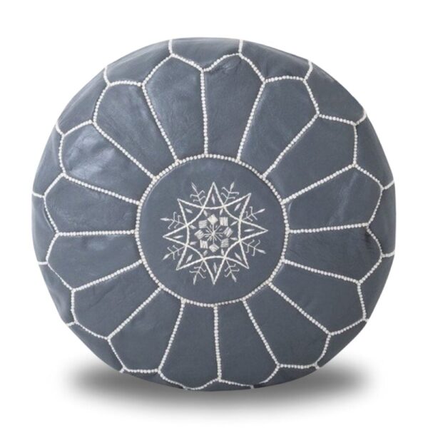 Round-Moroccan-Leather-Pouf-Gray.jpg Gray Moroccan Leather Pouf – Handcrafted Round Ottoman (21″ × 12″)