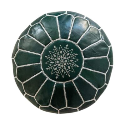 Round-Moroccan-Leather-Pouf-Green-2.jpg Handcrafted Green Leather Pouf – 21″ Moroccan Round Ottoman with White Stitching