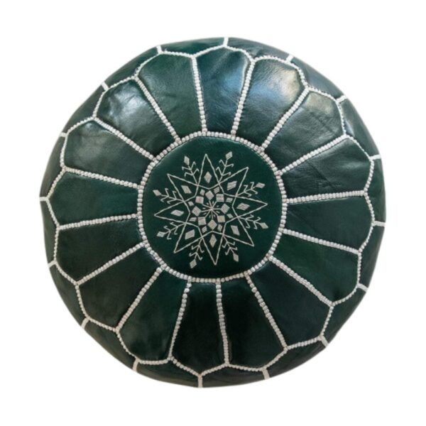 Round-Moroccan-Leather-Pouf-Green-2.jpg Handcrafted Green Leather Pouf – 21″ Moroccan Round Ottoman with White Stitching