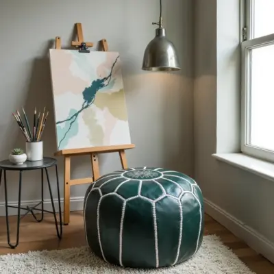 Round-Moroccan-Leather-Pouf-Green-3-1000x1000-1.webp Handcrafted Green Leather Pouf – 21″ Moroccan Round Ottoman with White Stitching