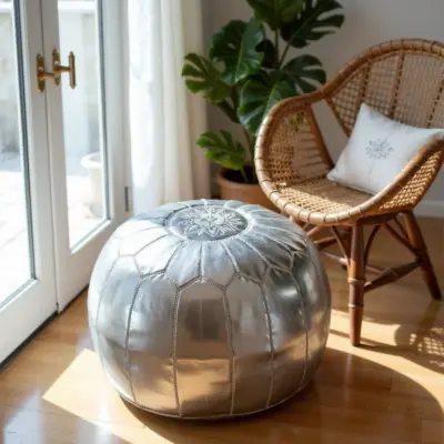 Round-Moroccan-Leather-Pouf-Silver-6.webp Silver Leather Pouf – Handcrafted Moroccan Ottoman (21″ × 12″) with White Stitching