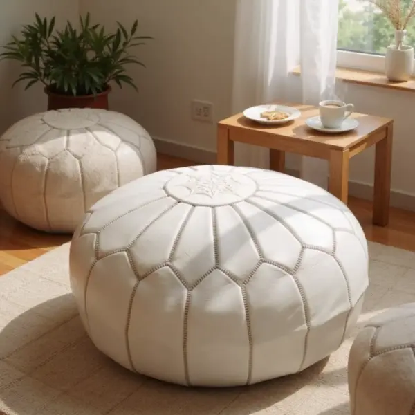 Round-Moroccan-Leather-Pouf-White-2.webp White Moroccan Leather Pouf – Handcrafted Round Ottoman (21″ × 12″)