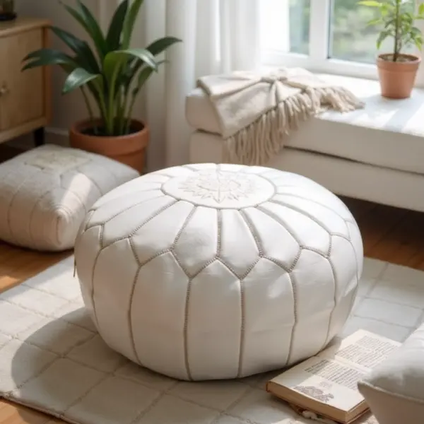 Round-Moroccan-Leather-Pouf-White-3.webp White Moroccan Leather Pouf – Handcrafted Round Ottoman (21″ × 12″)