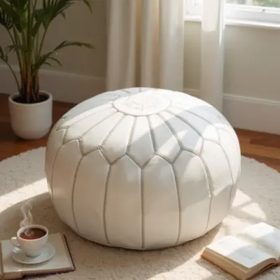 Round-Moroccan-Leather-Pouf-White-4.webp White Moroccan Leather Pouf – Handcrafted Round Ottoman (21″ × 12″)