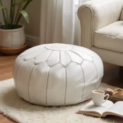 Round-Moroccan-Leather-Pouf-White-5.webp White Moroccan Leather Pouf – Handcrafted Round Ottoman (21″ × 12″)
