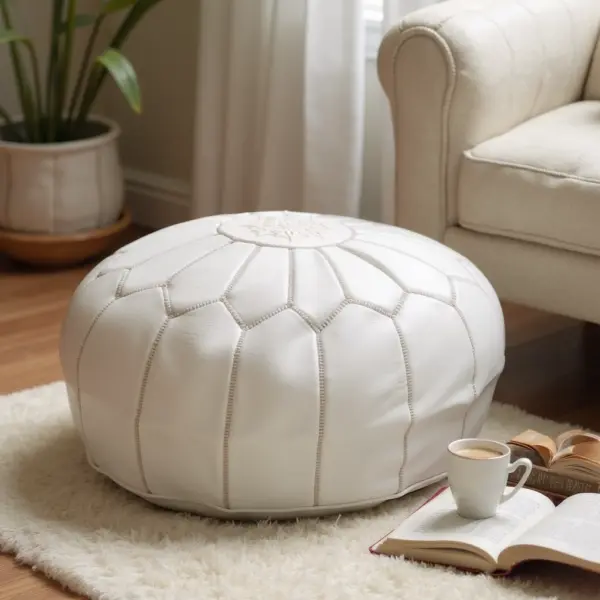 Round-Moroccan-Leather-Pouf-White-5.webp White Moroccan Leather Pouf – Handcrafted Round Ottoman (21″ × 12″)