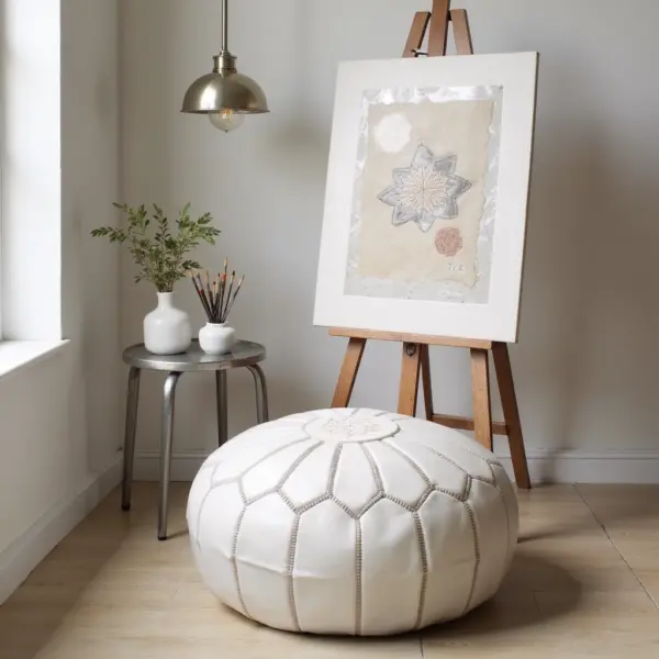 Round-Moroccan-Leather-Pouf-White-6.webp White Moroccan Leather Pouf – Handcrafted Round Ottoman (21″ × 12″)