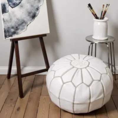 Round-Moroccan-Leather-Pouf-White-7.webp White Moroccan Leather Pouf – Handcrafted Round Ottoman (21″ × 12″)