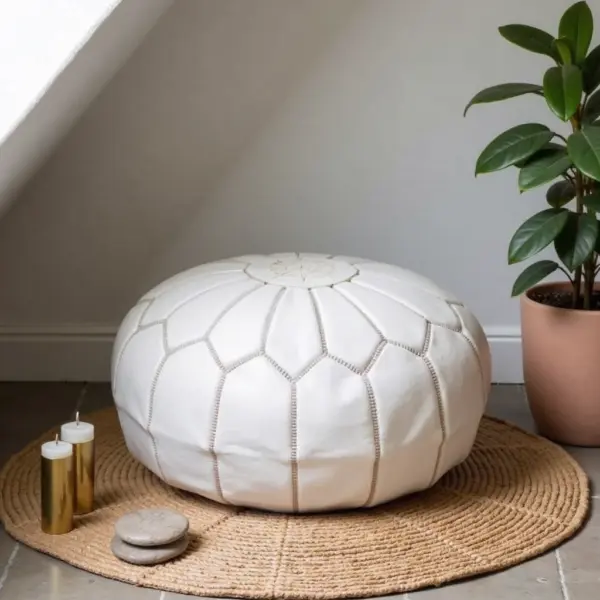 Round-Moroccan-Leather-Pouf-White-8.webp White Moroccan Leather Pouf – Handcrafted Round Ottoman (21″ × 12″)