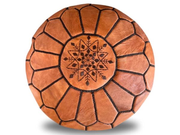 Round-Natural-Leather-Pouf-Ottoman-with-Brown-Stitching-1.jpg Natural Leather Pouf Ottoman – Handstitched Moroccan Round Pouf (21″ × 12″)