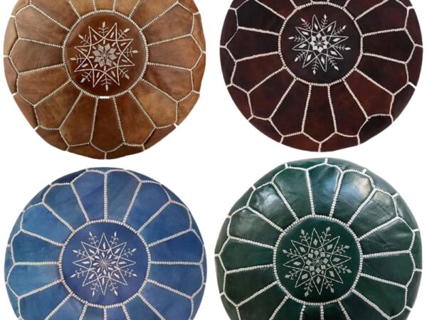 Set-of-4-Handcrafted-Genuine-Leather-Moroccan-Pouf-Ottoman-in-Blue-Light-Brown-Dark-Brown-and-Green.jpg Set of 4 Moroccan Leather Poufs – Handcrafted Ottomans in Blue, Brown, Green