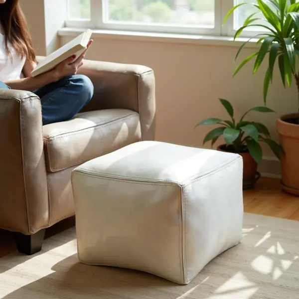 Stylish-Moroccan-White-Square-Leather-Pouf-12.webp White Square Leather Pouf – Modern Moroccan Handcrafted Ottoman (16″ × 16″ × 15″)