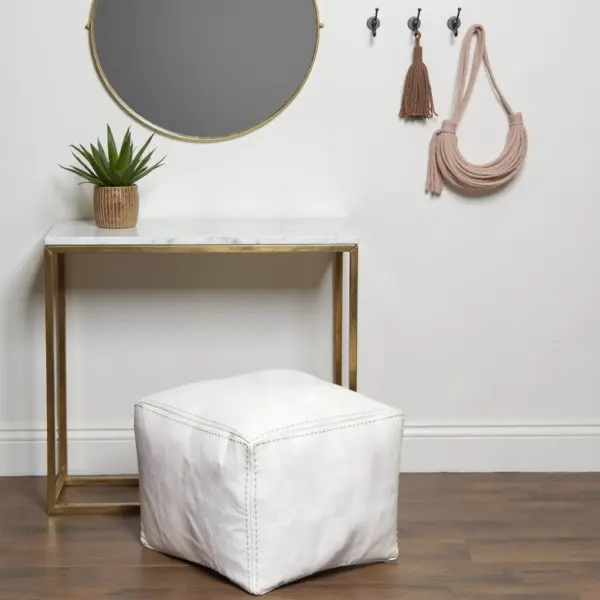 Stylish-Moroccan-White-Square-Leather-Pouf-8.webp White Square Leather Pouf – Modern Moroccan Handcrafted Ottoman (16″ × 16″ × 15″)