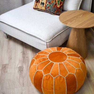 Untitled-19.jpg Velvet Pouffe – Orange and White | 55x35 cm Handcrafted Round Ottoman
