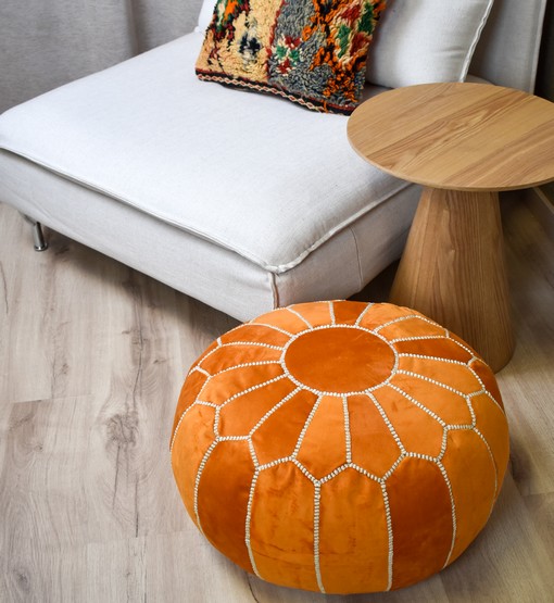 Untitled-19.jpg Velvet Pouffe – Orange and White | 55x35 cm Handcrafted Round Ottoman