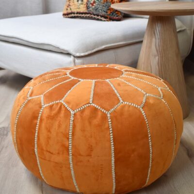 Untitled-20.jpg Velvet Pouffe – Orange and White | 55x35 cm Handcrafted Round Ottoman