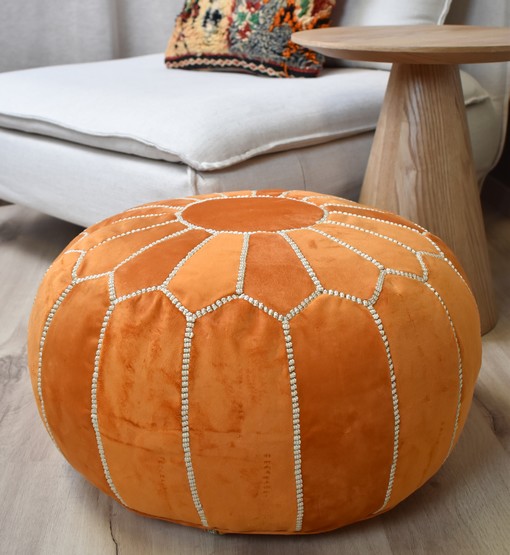 Untitled-20.jpg Velvet Pouffe – Orange and White | 55x35 cm Handcrafted Round Ottoman