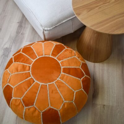 Untitled-21.jpg Velvet Pouffe – Orange and White | 55x35 cm Handcrafted Round Ottoman