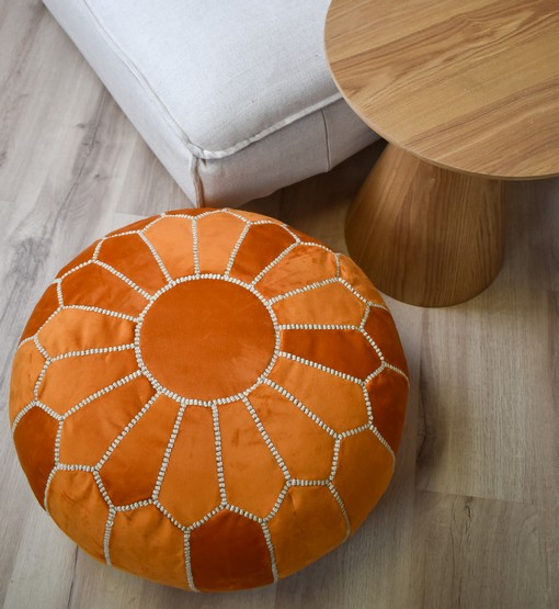 Untitled-21.jpg Velvet Pouffe – Orange and White | 55x35 cm Handcrafted Round Ottoman