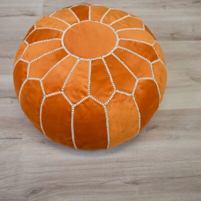 Untitled-22.jpg Velvet Pouffe – Orange and White | 55x35 cm Handcrafted Round Ottoman