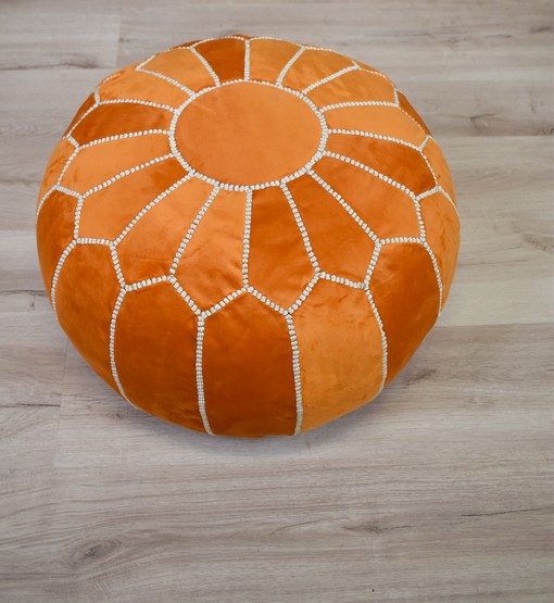 Untitled-22.jpg Velvet Pouffe – Orange and White | 55x35 cm Handcrafted Round Ottoman