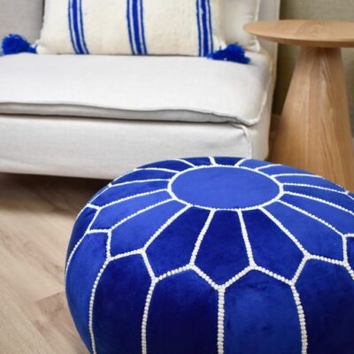Untitled-24.jpg Velvet Pouffe – Blue and White | 55x35 cm Handcrafted Round Ottoman