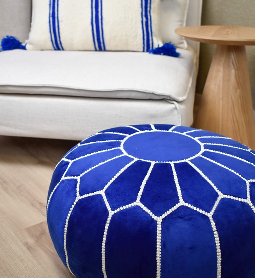Untitled-24.jpg Velvet Pouffe – Blue and White | 55x35 cm Handcrafted Round Ottoman