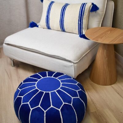 Untitled-25.jpg Velvet Pouffe – Blue and White | 55x35 cm Handcrafted Round Ottoman