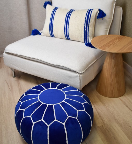 Untitled-25.jpg Velvet Pouffe – Blue and White | 55x35 cm Handcrafted Round Ottoman