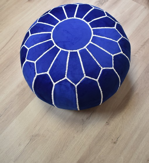 Untitled-26.jpg Velvet Pouffe – Blue and White | 55x35 cm Handcrafted Round Ottoman