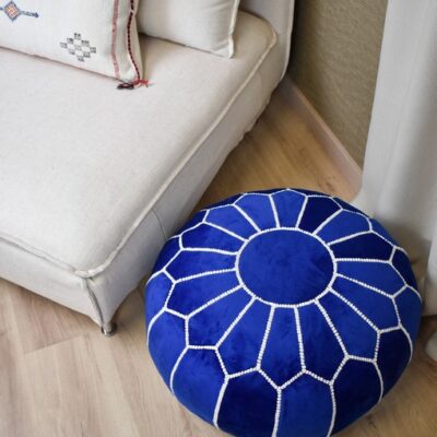Untitled-27.jpg Velvet Pouffe – Blue and White | 55x35 cm Handcrafted Round Ottoman