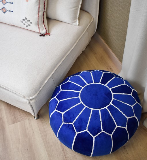 Untitled-27.jpg Velvet Pouffe – Blue and White | 55x35 cm Handcrafted Round Ottoman