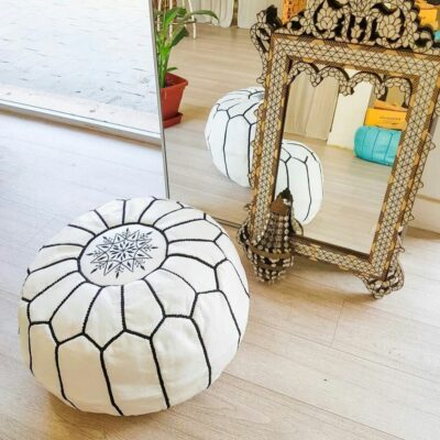 White-Leather-Pouf-With-Multicolor-Stitch-4.jpg White Moroccan Leather Pouf – Handcrafted Ottoman with Custom Stitching (20″ × 12″)