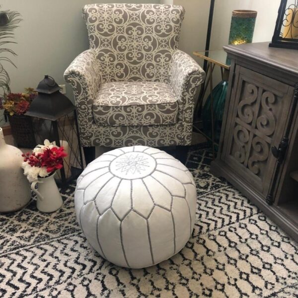 White-Leather-Pouf-With-Multicolor-Stitch-5.jpg White Moroccan Leather Pouf – Handcrafted Ottoman with Custom Stitching (20″ × 12″)