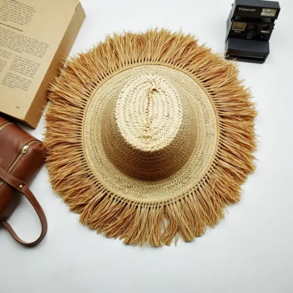 Woven-Garden-Hat-Palm-Leaf-Hat-7.webp Handwoven Fringe Garden Hat – Natural Straw Sun Hat with Wide Brim (26″ Diameter)