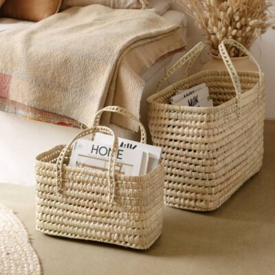 b2e1dedcc85d6269bf6e62aaa368ffaebb74ff1951a20530069bf17d7c483d9e-1.jpeg Handwoven Palm Leaf Magazine Holder – Large Moroccan Storage Basket