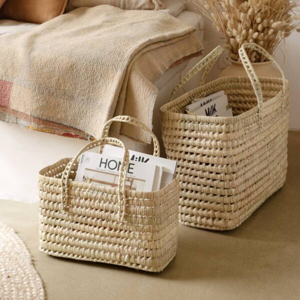b2e1dedcc85d6269bf6e62aaa368ffaebb74ff1951a20530069bf17d7c483d9e-1.jpeg Handwoven Palm Leaf Magazine Holder – Large Moroccan Storage Basket