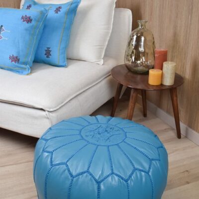 blauwe-poef-1.jpg Leather Pouffe – Turquoise | 55x35 cm Handcrafted Round Ottoman