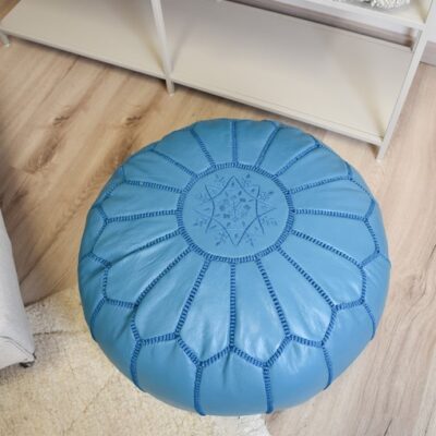 blue-pouf.jpg Leather Pouffe – Turquoise | 55x35 cm Handcrafted Round Ottoman