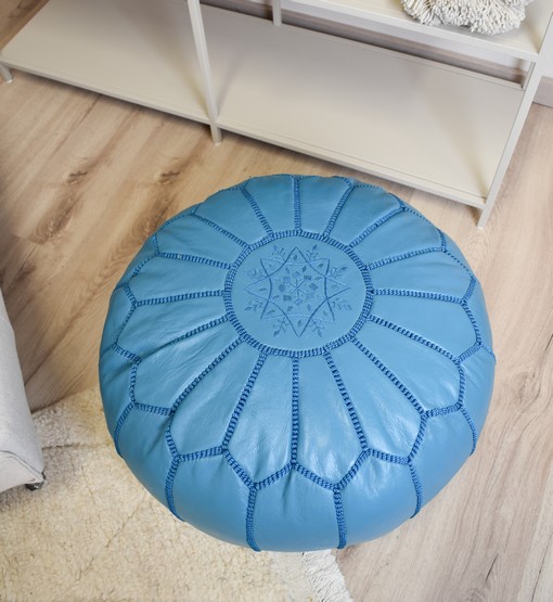 blue-pouf.jpg Leather Pouffe – Turquoise | 55x35 cm Handcrafted Round Ottoman