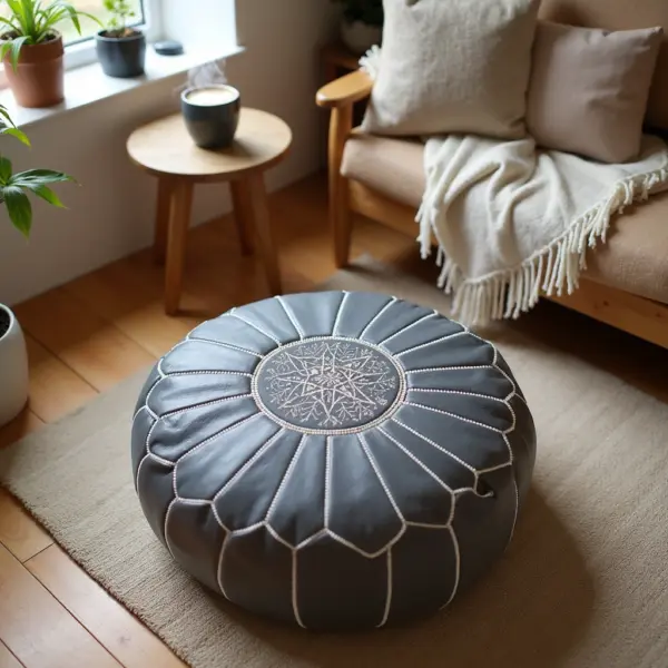de2aa6d0-c832-4f42-ba9f-b5d248c88d40.webp Gray Moroccan Leather Pouf – Handcrafted Round Ottoman (21″ × 12″)
