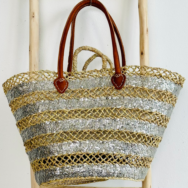 Silver Sequin Cut-Out Basket – Elegant Storage & Home Decor