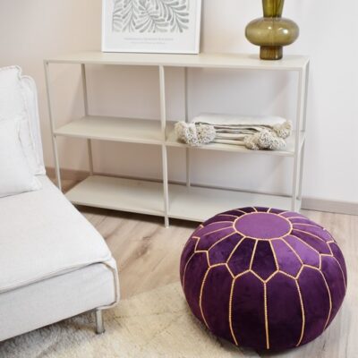 moroccanitems-60.jpg Velvet Pouffe – Blue and White | 55x35 cm Handcrafted Round Ottoman